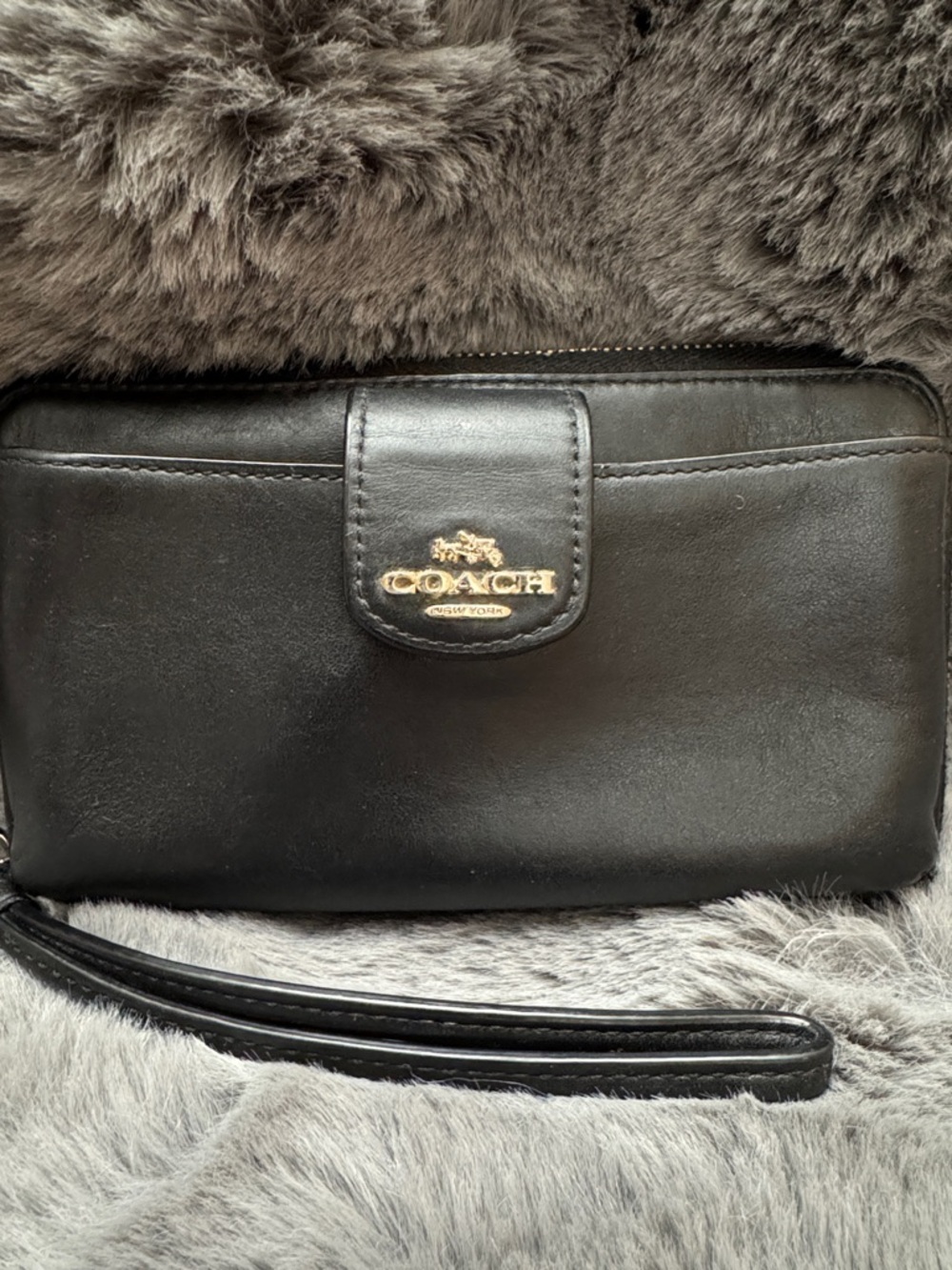 Coach Black Leather Wristlet with Gold Tone Logo